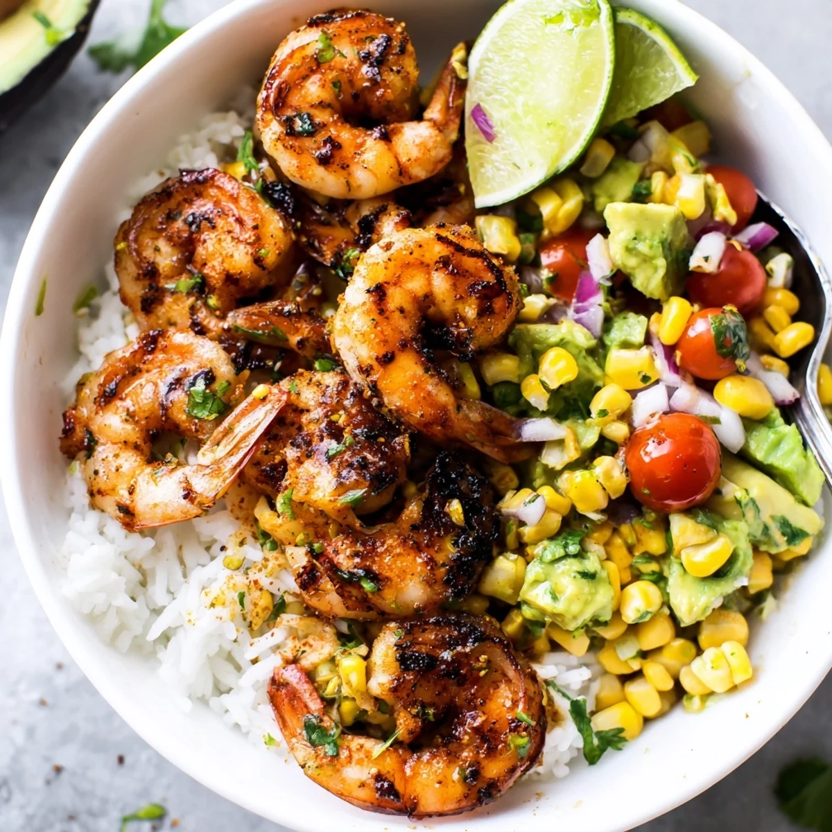 Charred grilled shrimp bowl with avocado corn salsa over fluffy white rice