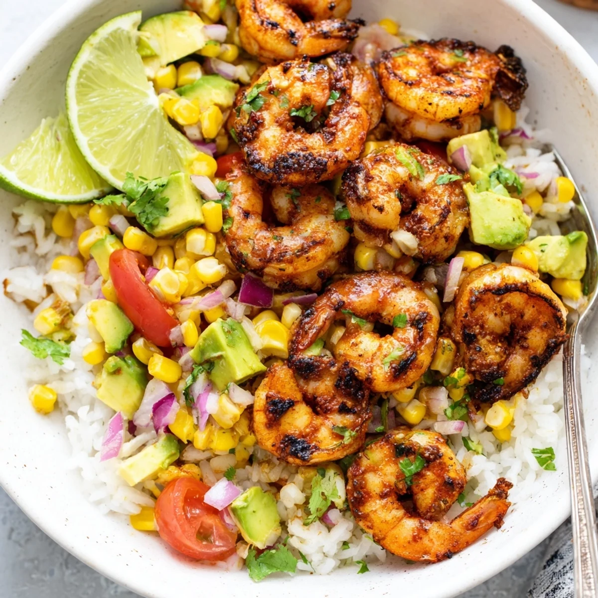 Sizzling grilled shrimp bowl with creamy avocado corn salsa served in a rustic bowl