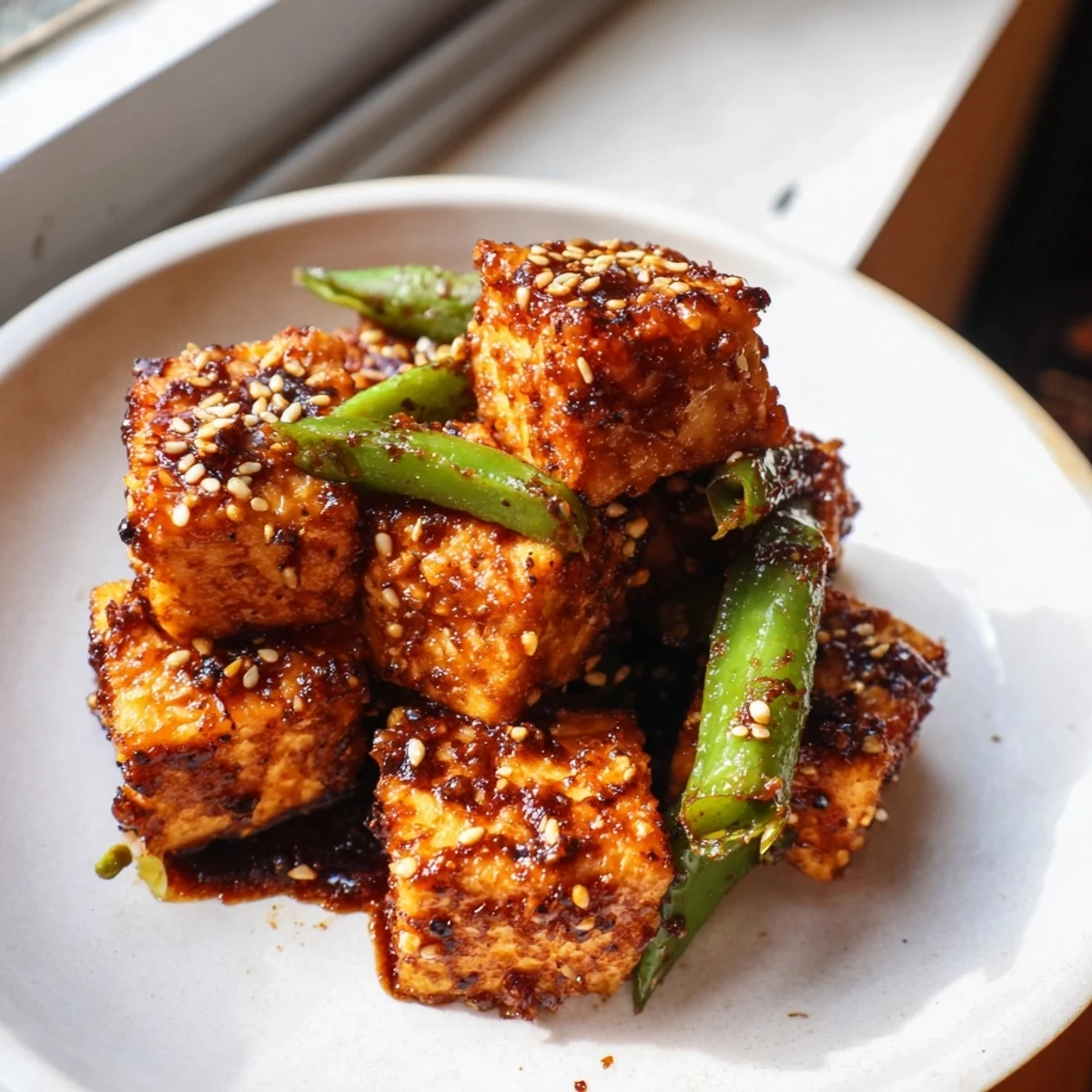 Golden crispy tofu and tender green beans coated in bold black pepper sauce