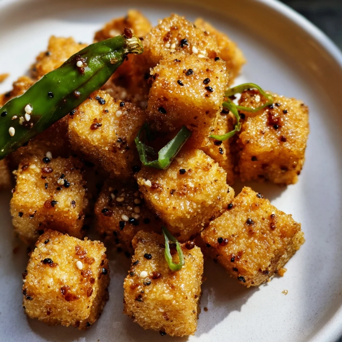 Crispy black pepper tofu stir-fry with green beans garnished with sesame seeds and scallions