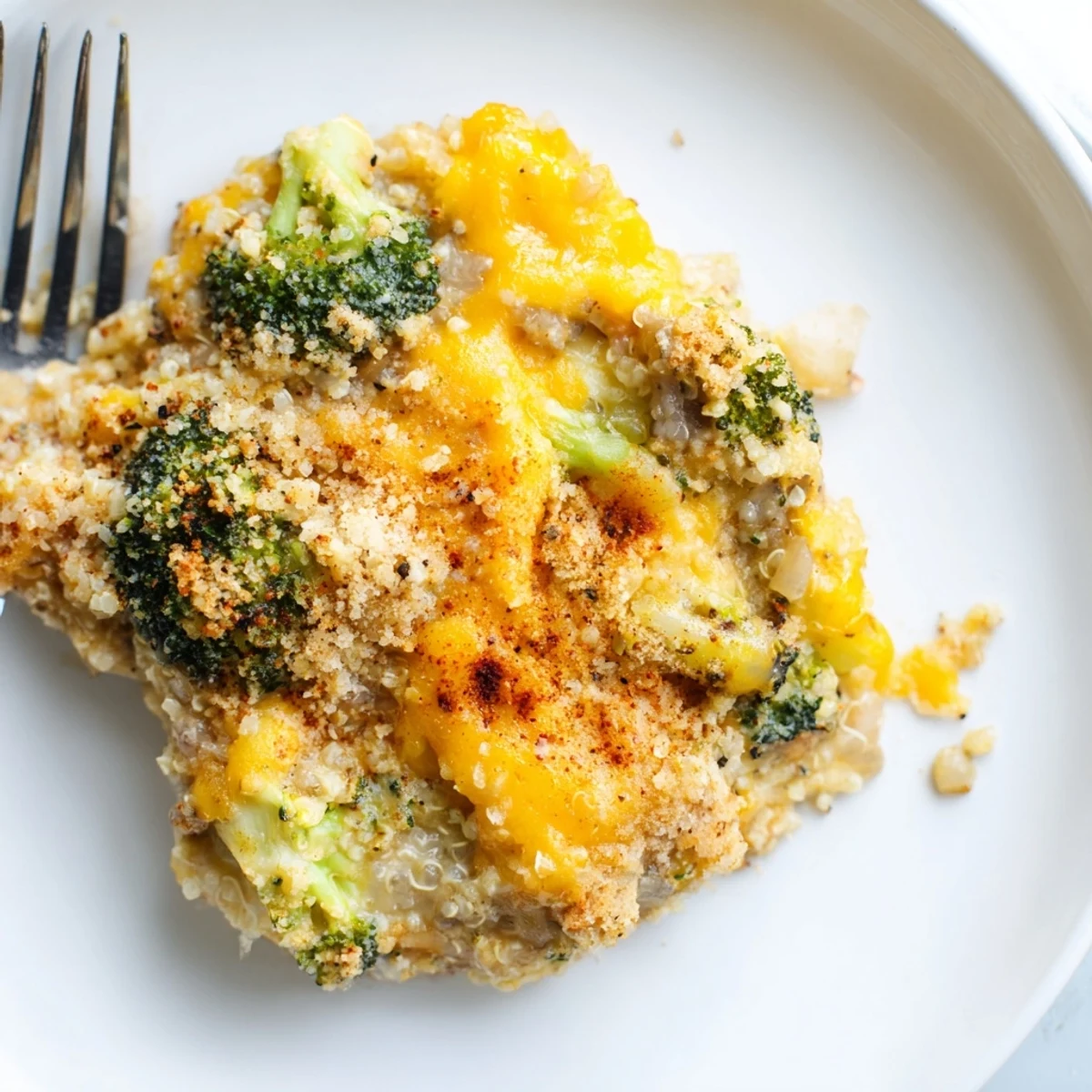 Golden baked creamy broccoli quinoa casserole bubbling in a dish with melted cheddar