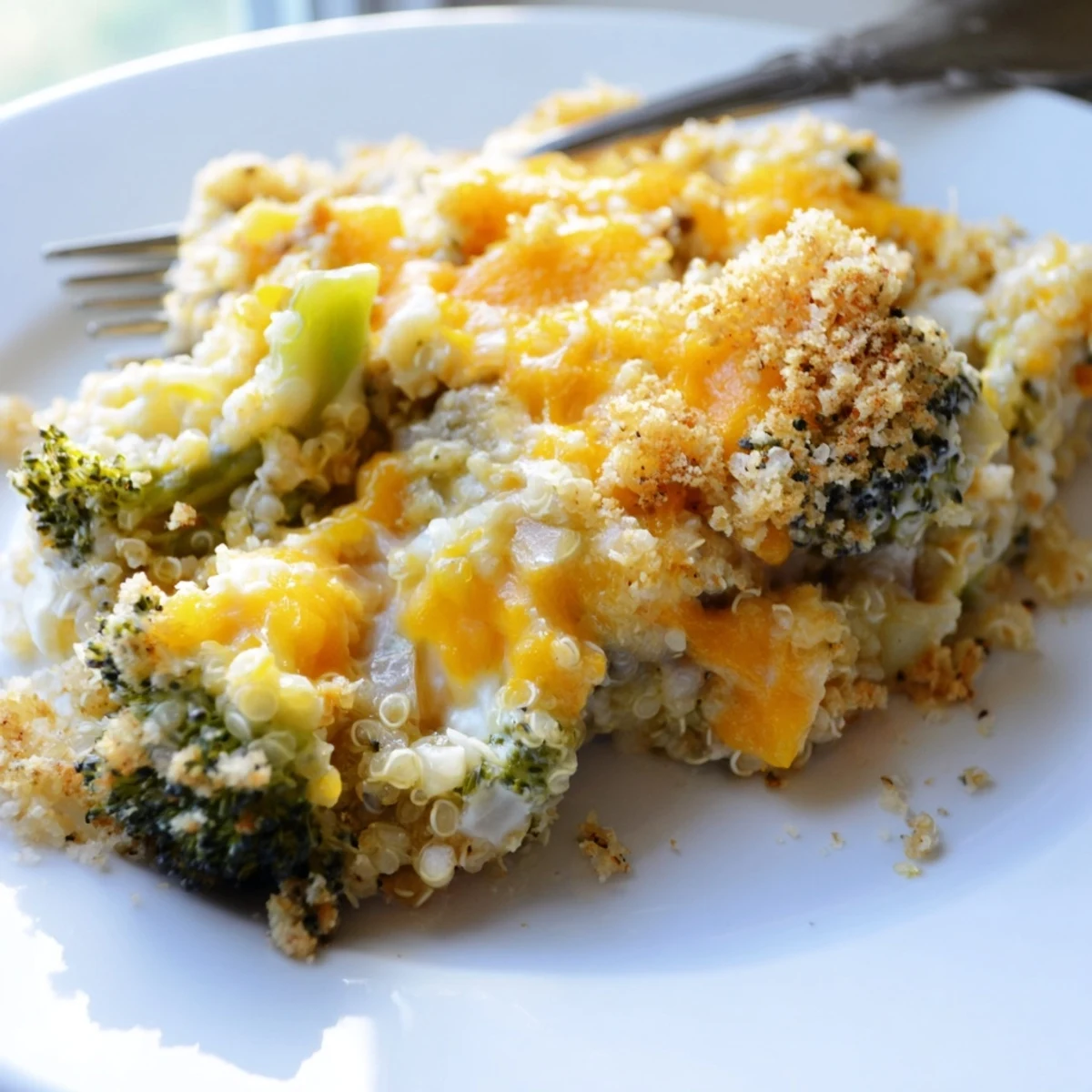 A cozy slice of creamy broccoli quinoa casserole served warm on a plate