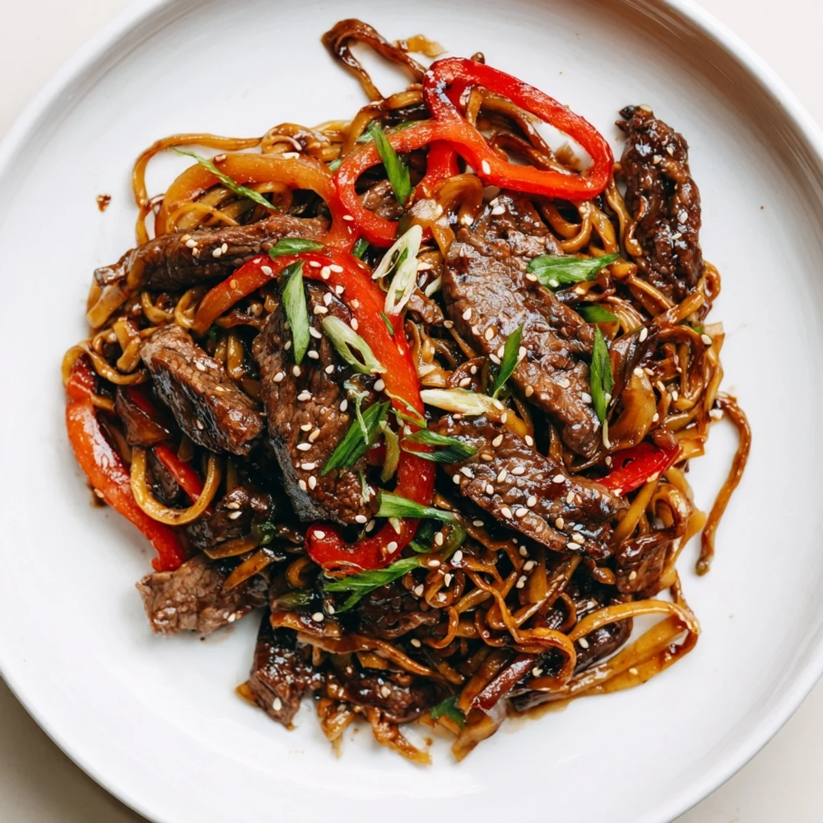 Steaming Sticky Beef Noodles tossed in wok, chewy noodles and crisp peppers