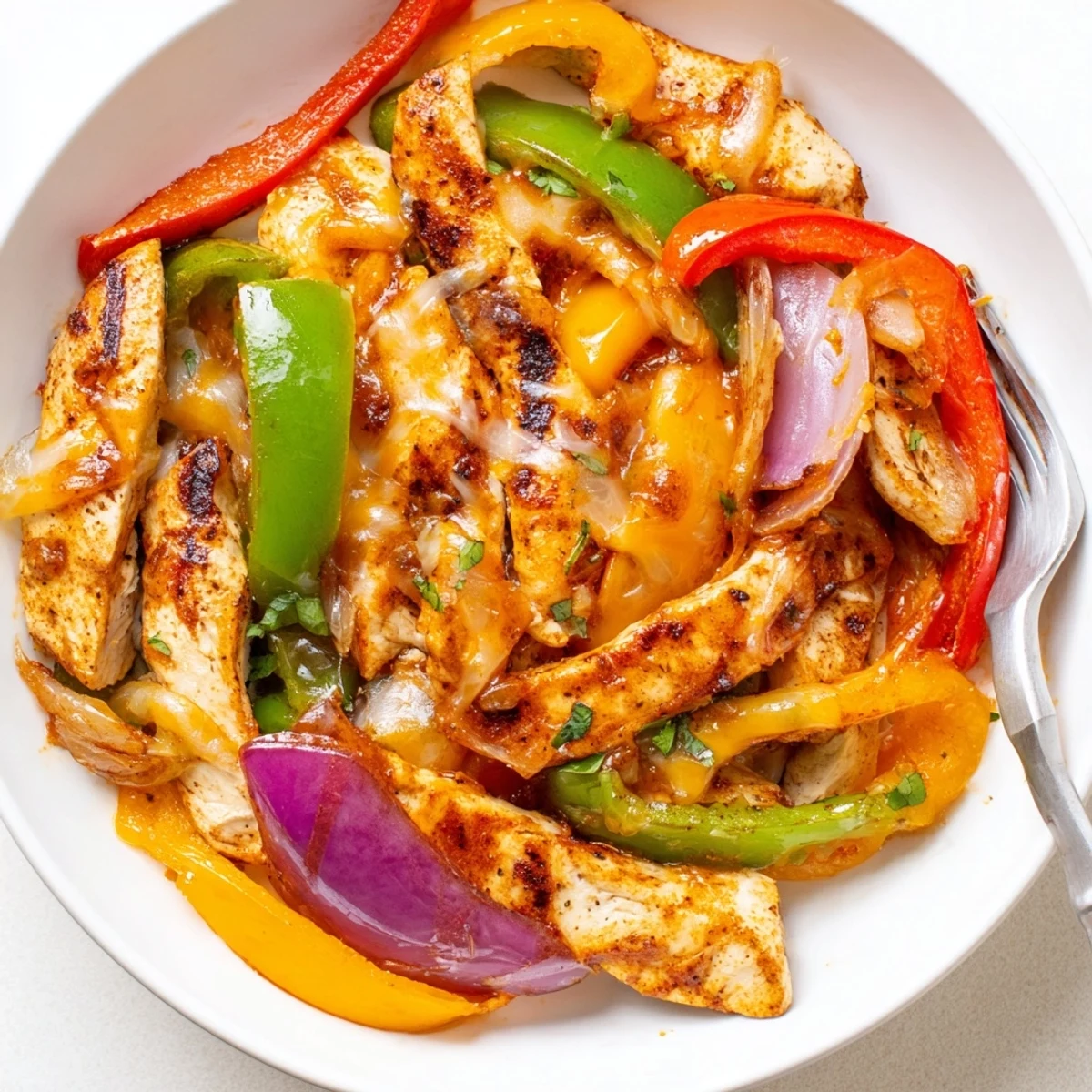 Cheesy Baja Chicken Bell Pepper Skillet bubbling with melted cheese and bright peppers