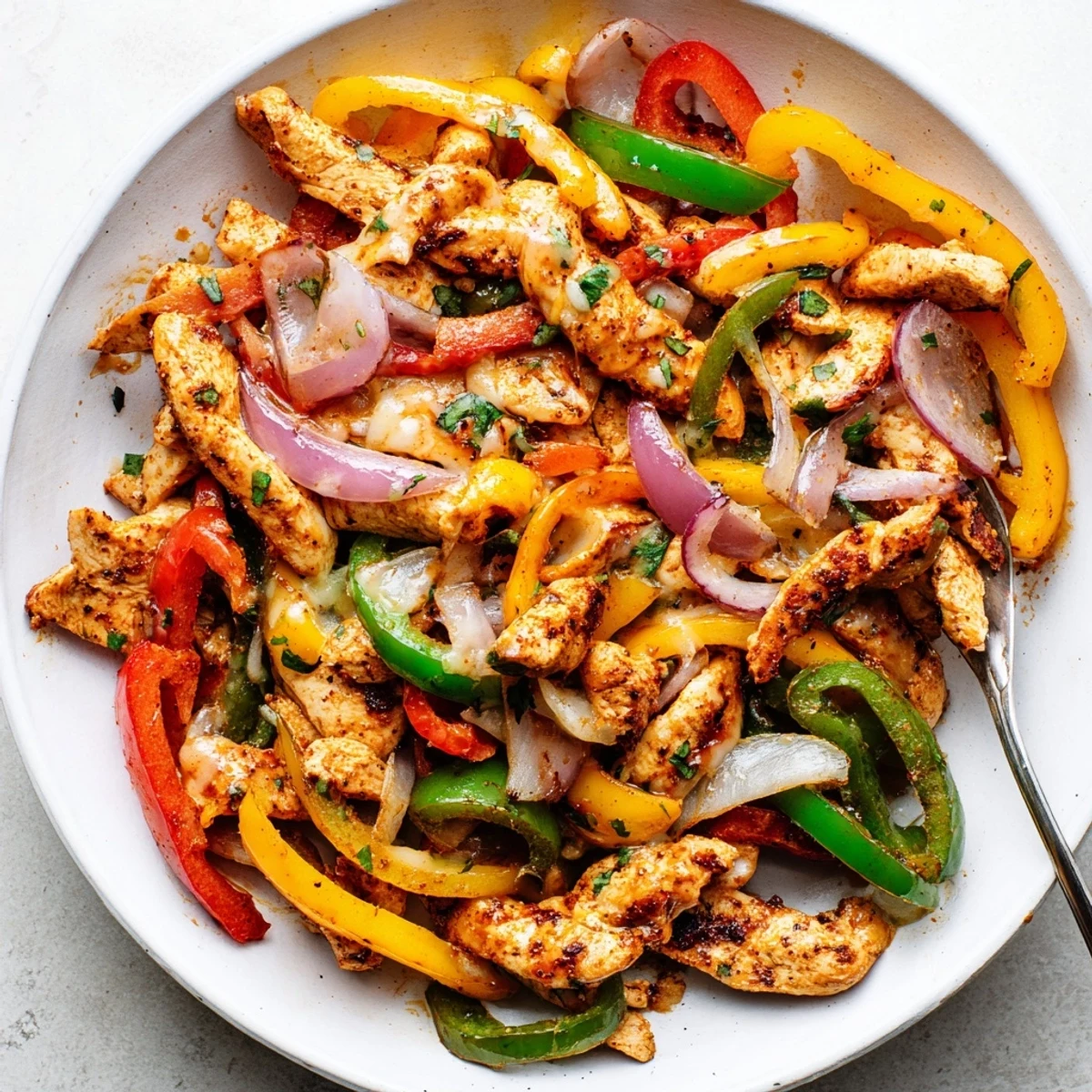 Sizzling Cheesy Baja Chicken Bell Pepper Skillet topped with cilantro, lime wedge