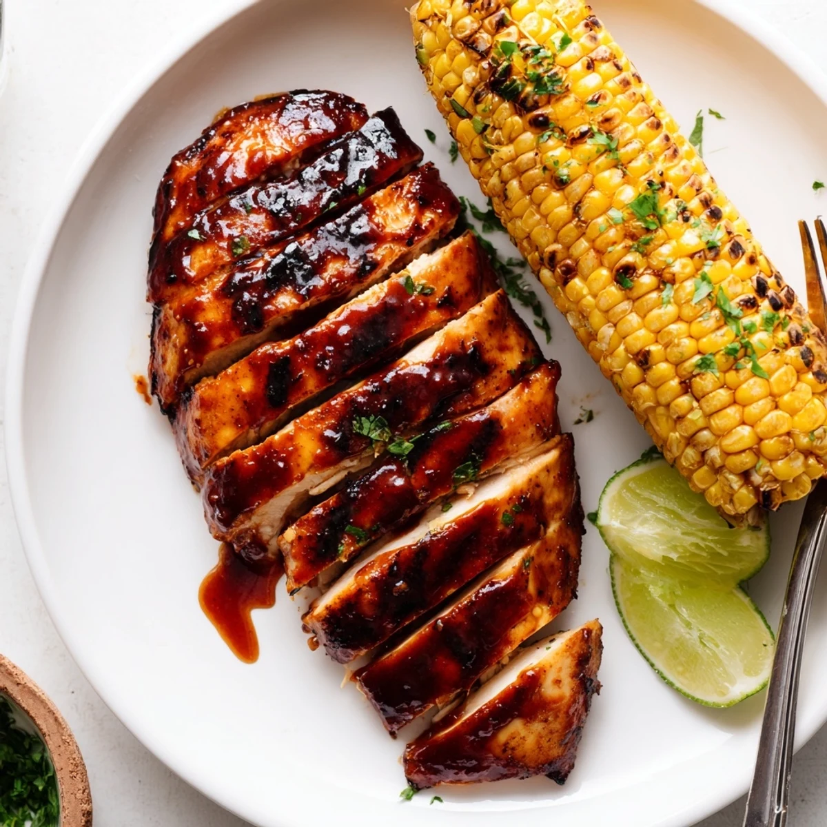 BBQ Chicken With Corn glistening with sauce, charred kernels, lime wedge.