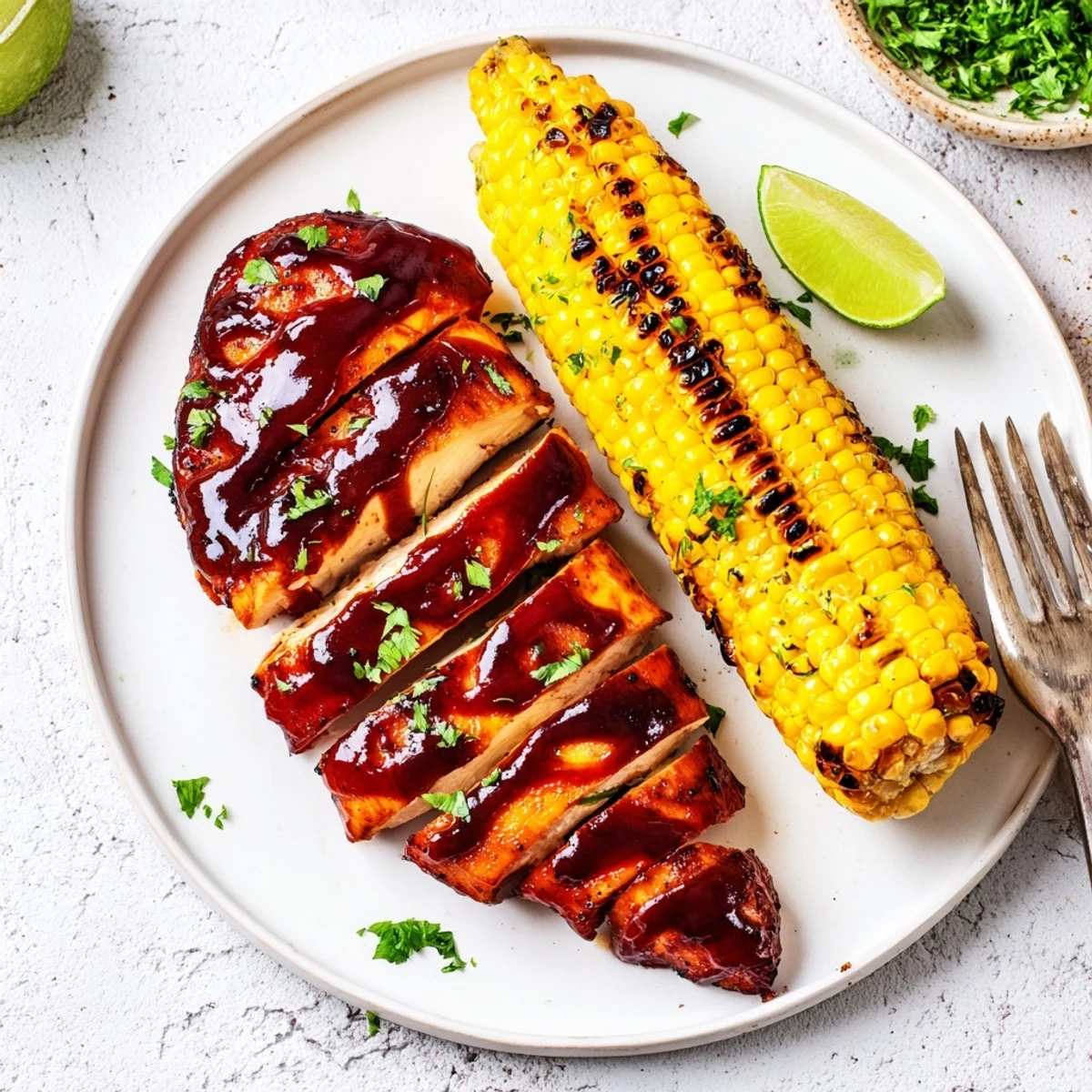 BBQ Chicken With Corn sliced and rested, smoky glaze, parsley sprinkle.