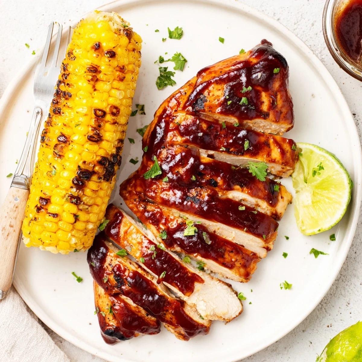 Grill-ready BBQ Chicken With Corn served on platter with lime wedges.