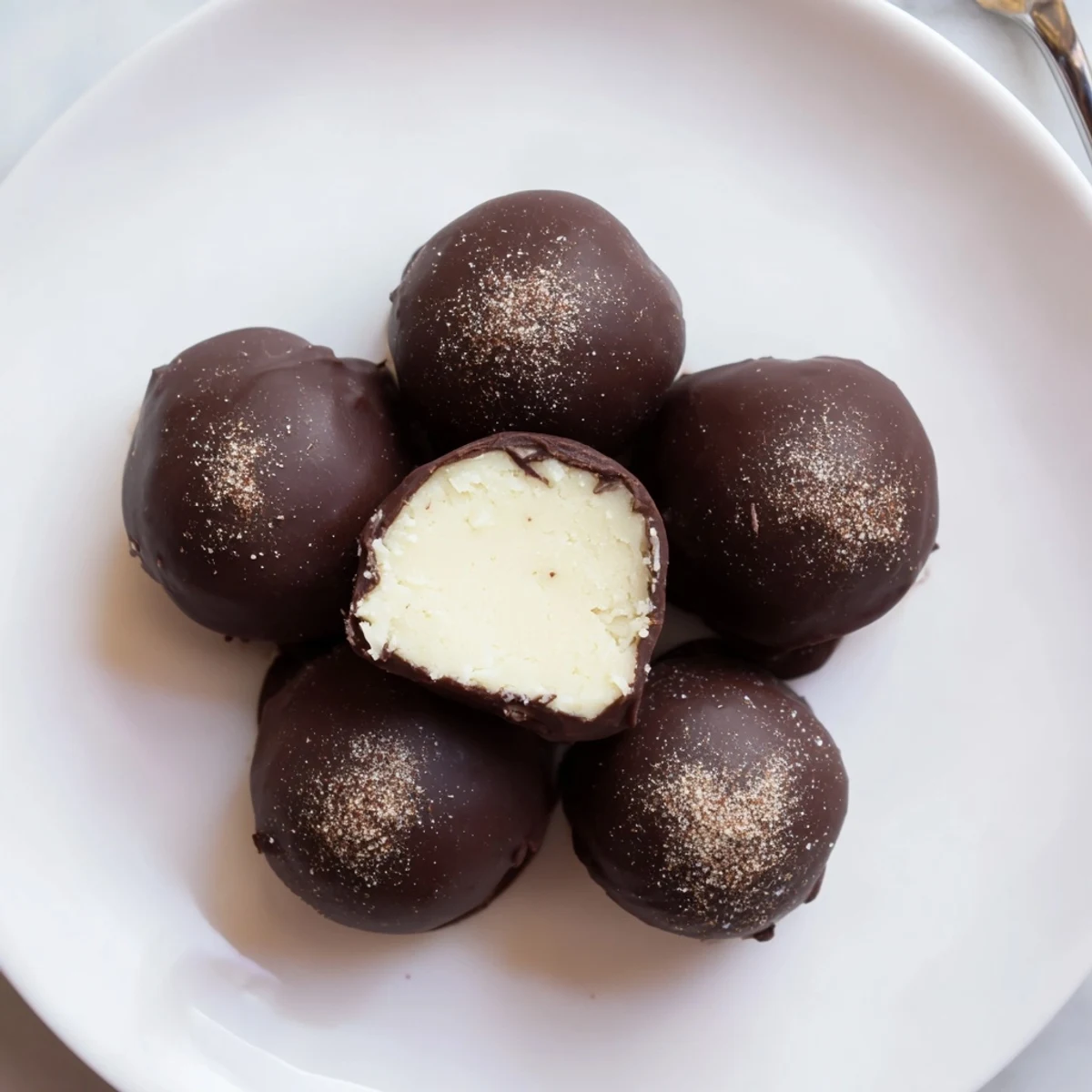 Stacked in a gift box, Dark Chocolate Eggnog Truffles gleam and tempt