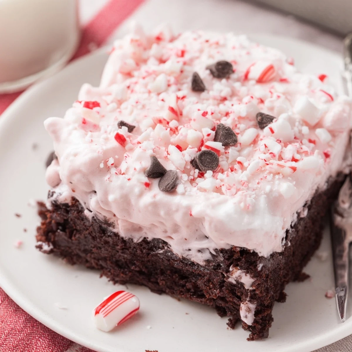 Festive Peppermint Poke Cake served chilled, creamy mint filling and crunchy candy topping