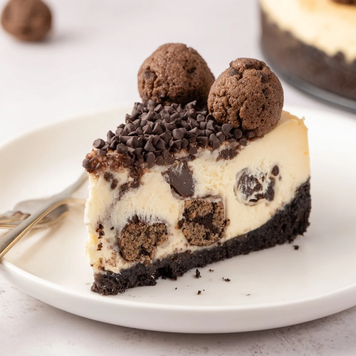 Chocolate Chip Cookie Dough Cheesecake chilled, creamy layers, chocolate cookie crust  