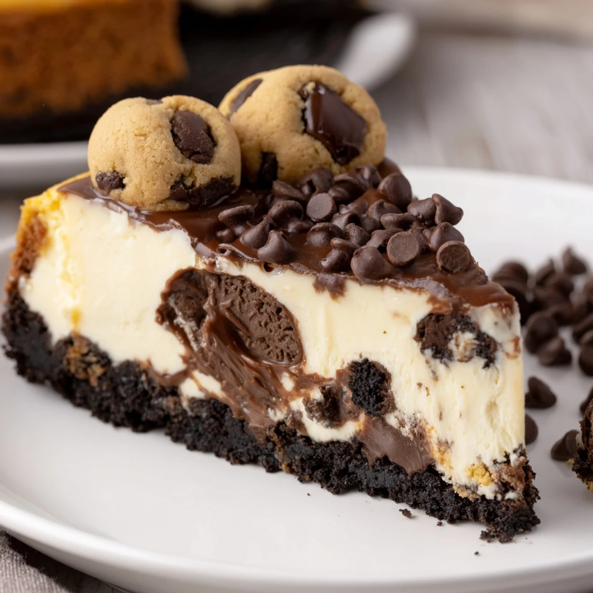 Slice of Chocolate Chip Cookie Dough Cheesecake on plate, crunchy crust, gooey centers  