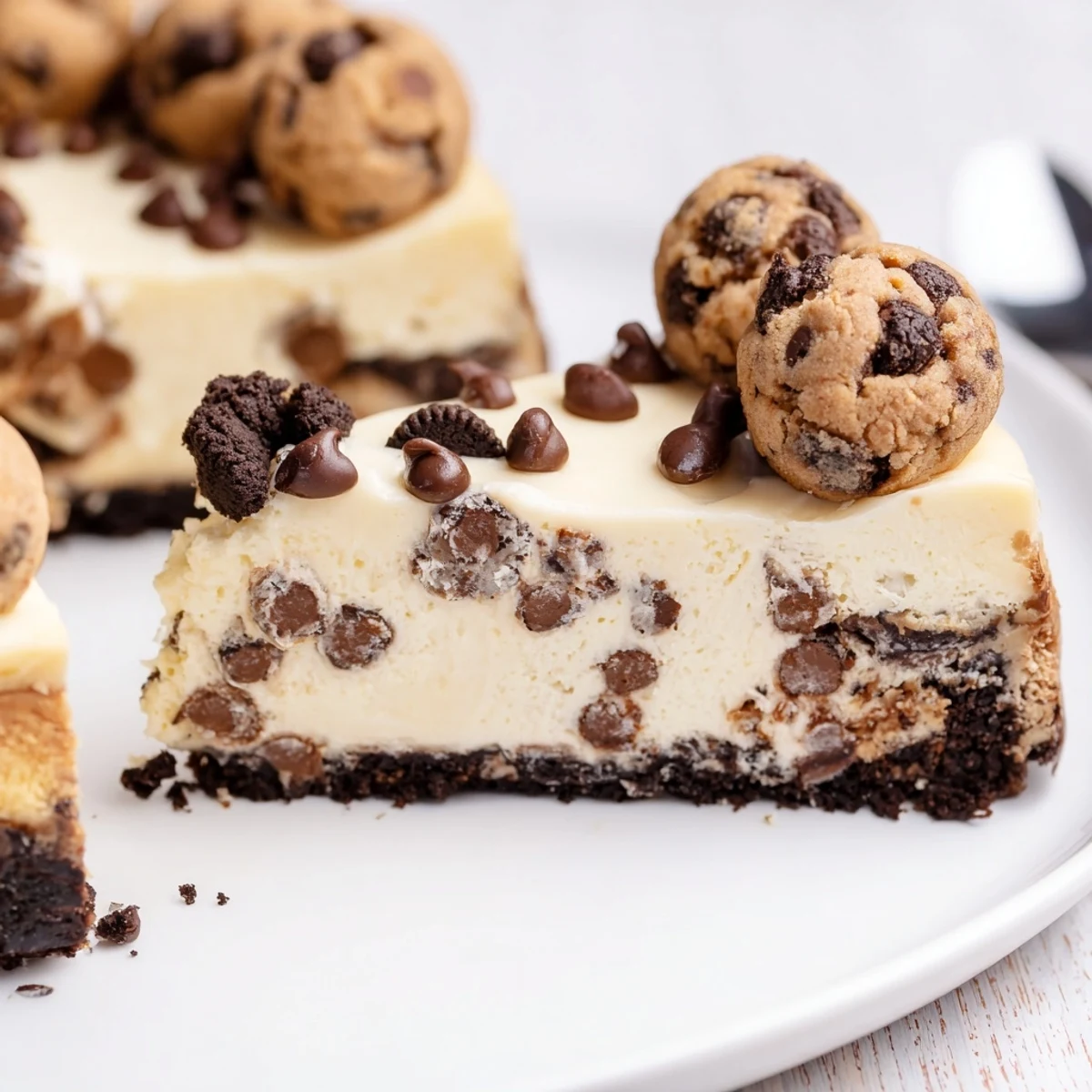 Chocolate Chip Cookie Dough Cheesecake topped with mini chips, ready to serve