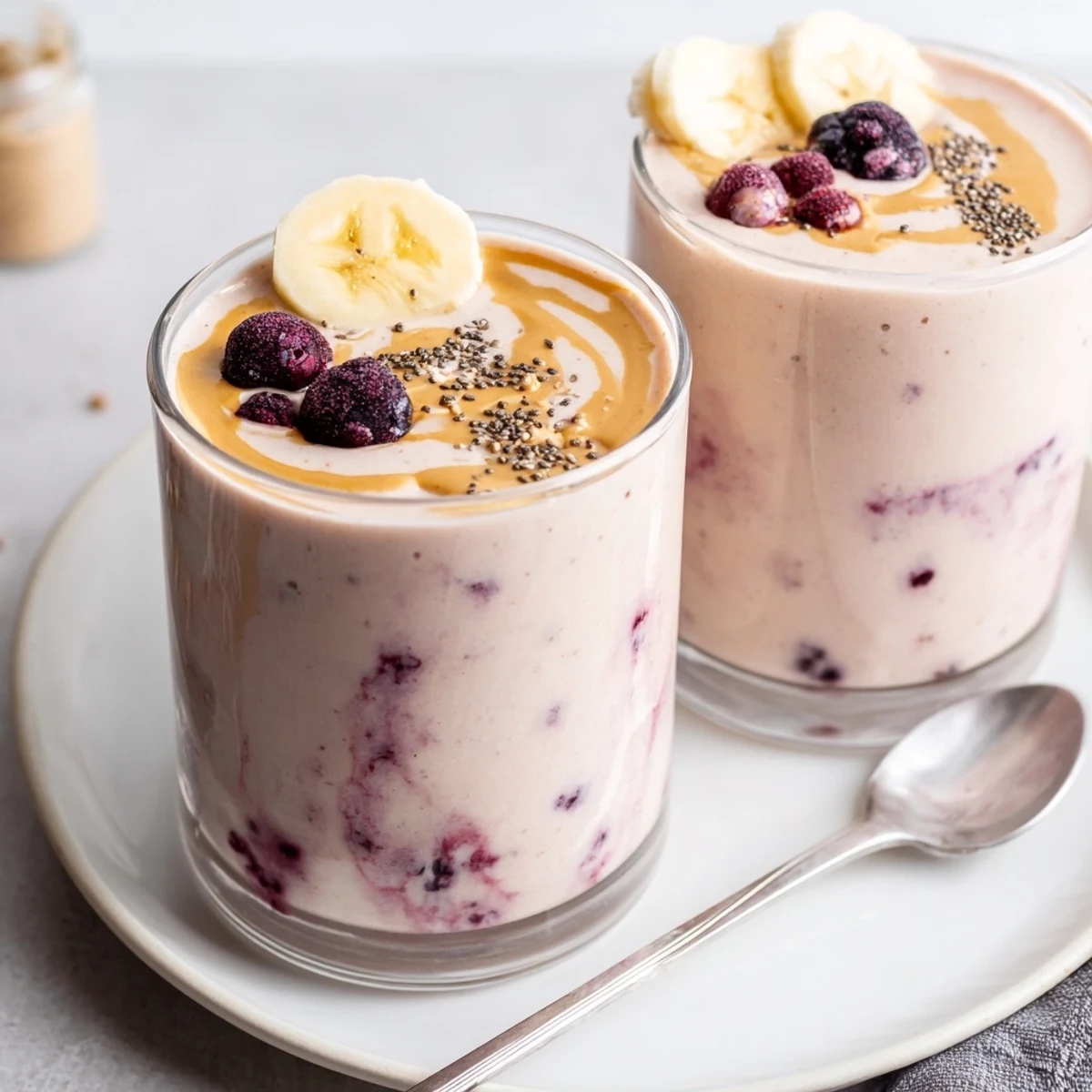 High Protein Smoothie in tall glass, creamy berry banana swirl, breakfast ready