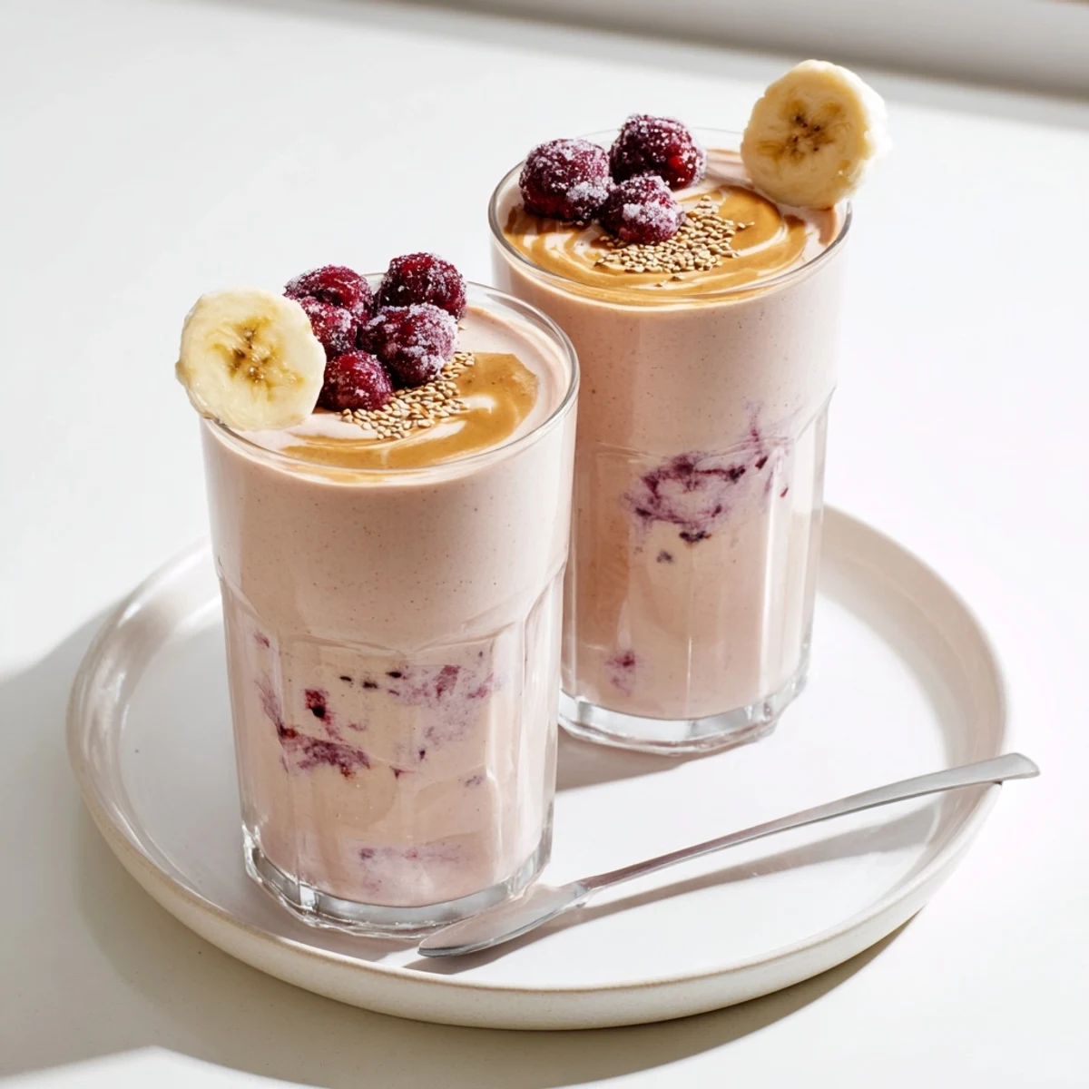 Chilled High Protein Smoothie topped with peanut butter drizzle, post workout recovery