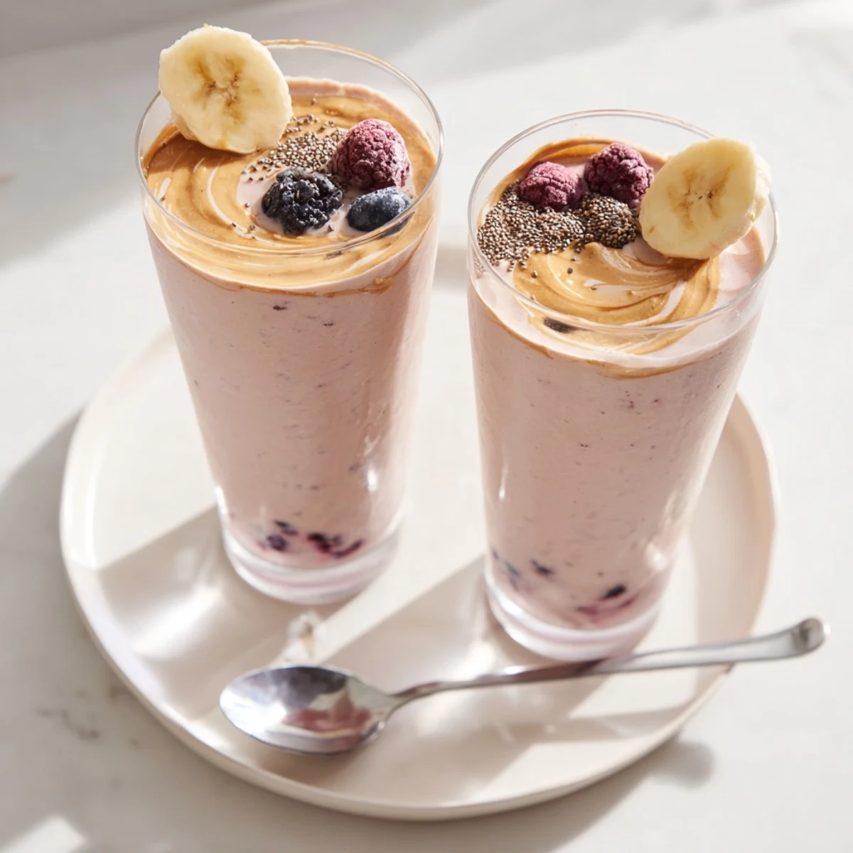 Creamy High Protein Smoothie poured into two glasses, sprinkled chia seeds