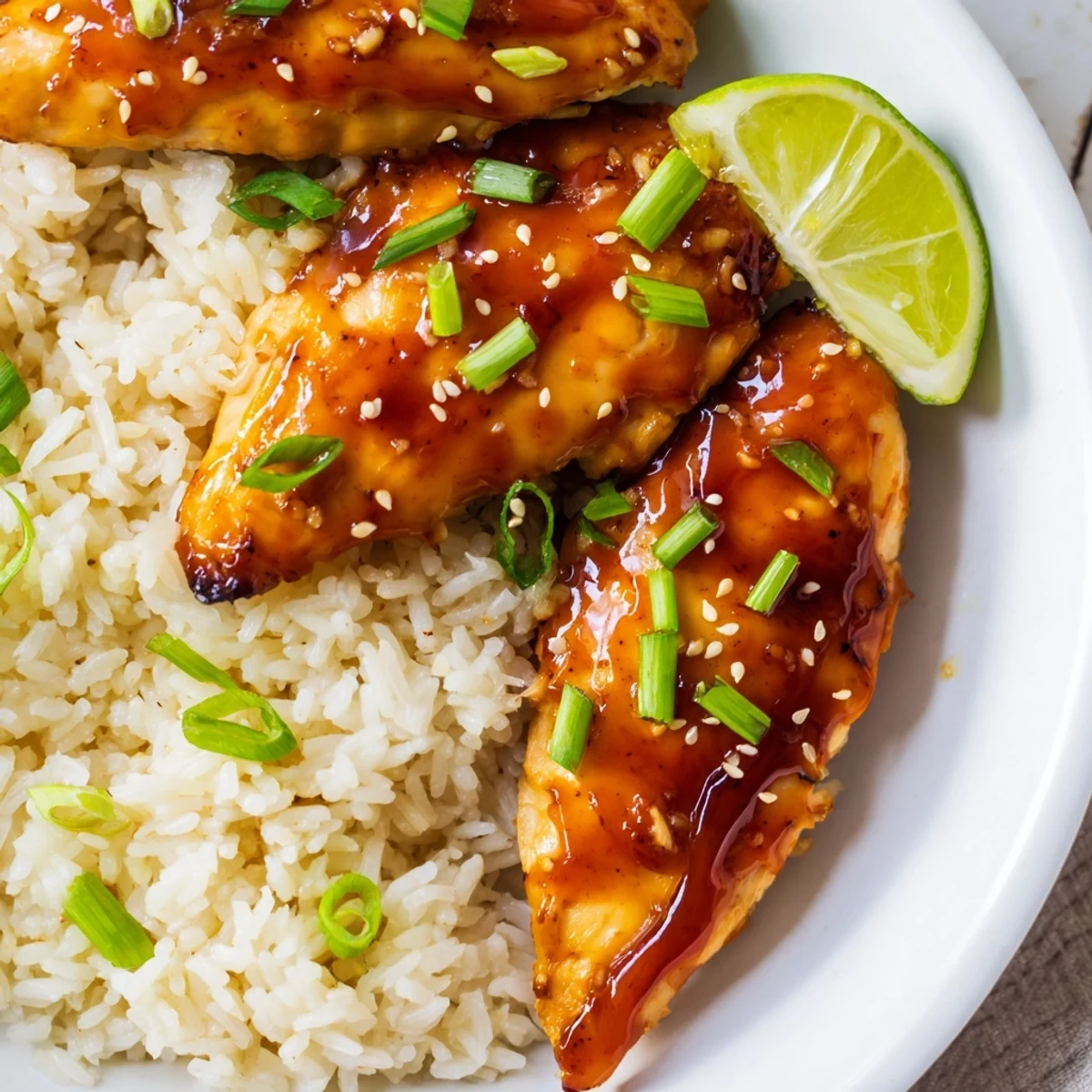 Spicy Maple Chicken And Coconut Rice plated with lime wedges and scallions