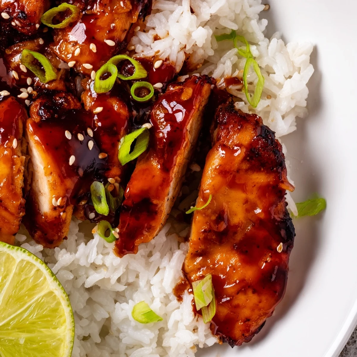 Close-up of Spicy Maple Chicken And Coconut Rice glazed, steaming, sesame garnish