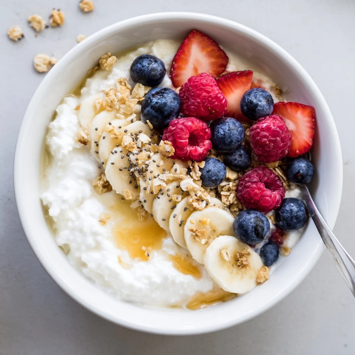 Drizzled with honey, Cottage Cheese Breakfast Bowl garnished with chia seeds