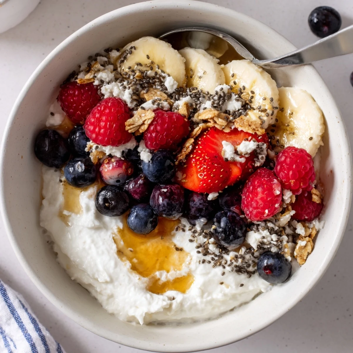 Cottage Cheese Breakfast Bowl with velvety curds, juicy berries, crunchy granola
