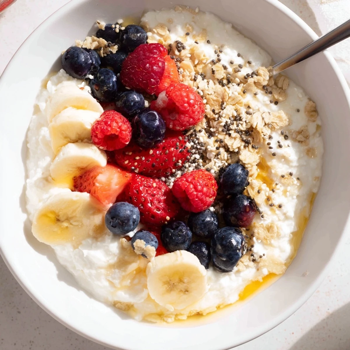 Creamy Cottage Cheese Breakfast Bowl layered with banana slices and seasonal fruit