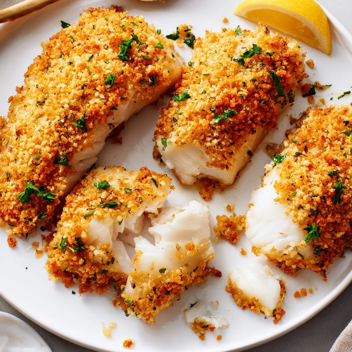 Boston Baked Cod with golden breadcrumb topping and lemon wedges for squeezing