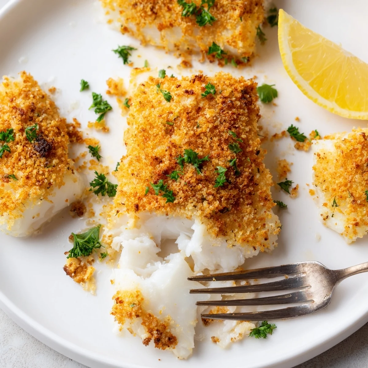 Oven-hot Boston Baked Cod, flaky fillets topped with buttery crunchy crumbs