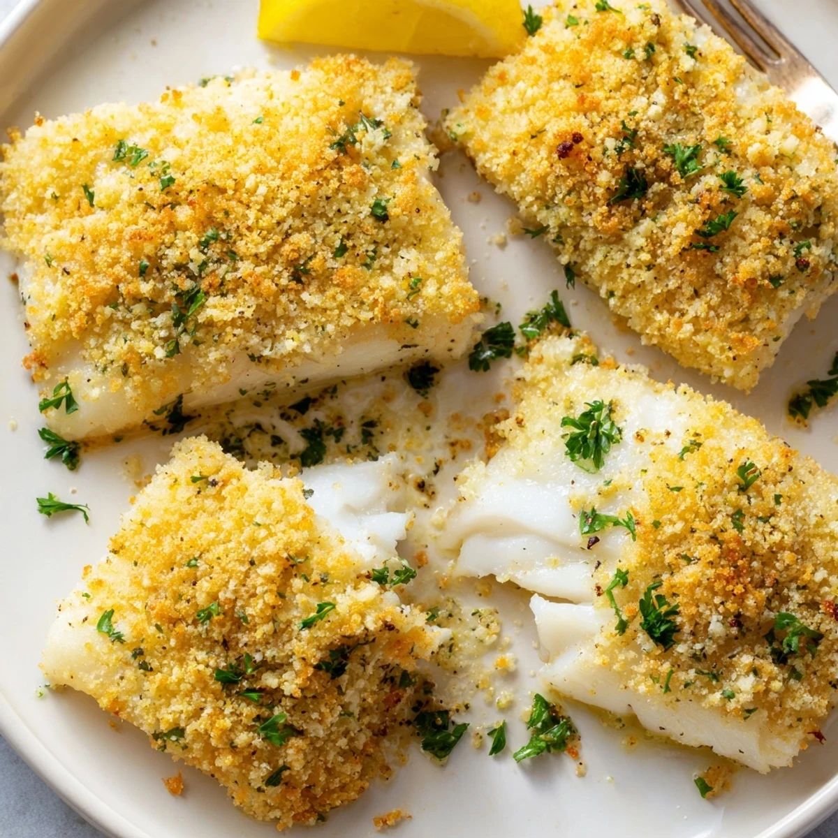 Simple Boston Baked Cod plated with steamed green beans and lemon wedge