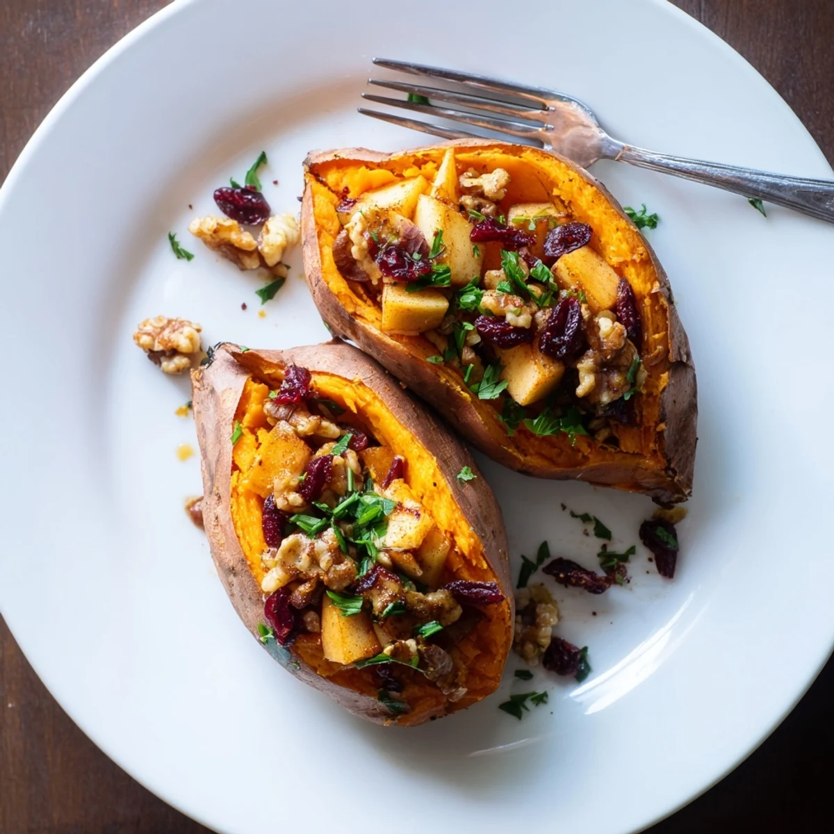 Roasted Stuffed Sweet Potatoes With Apples topped with maple, cranberries, and parsley