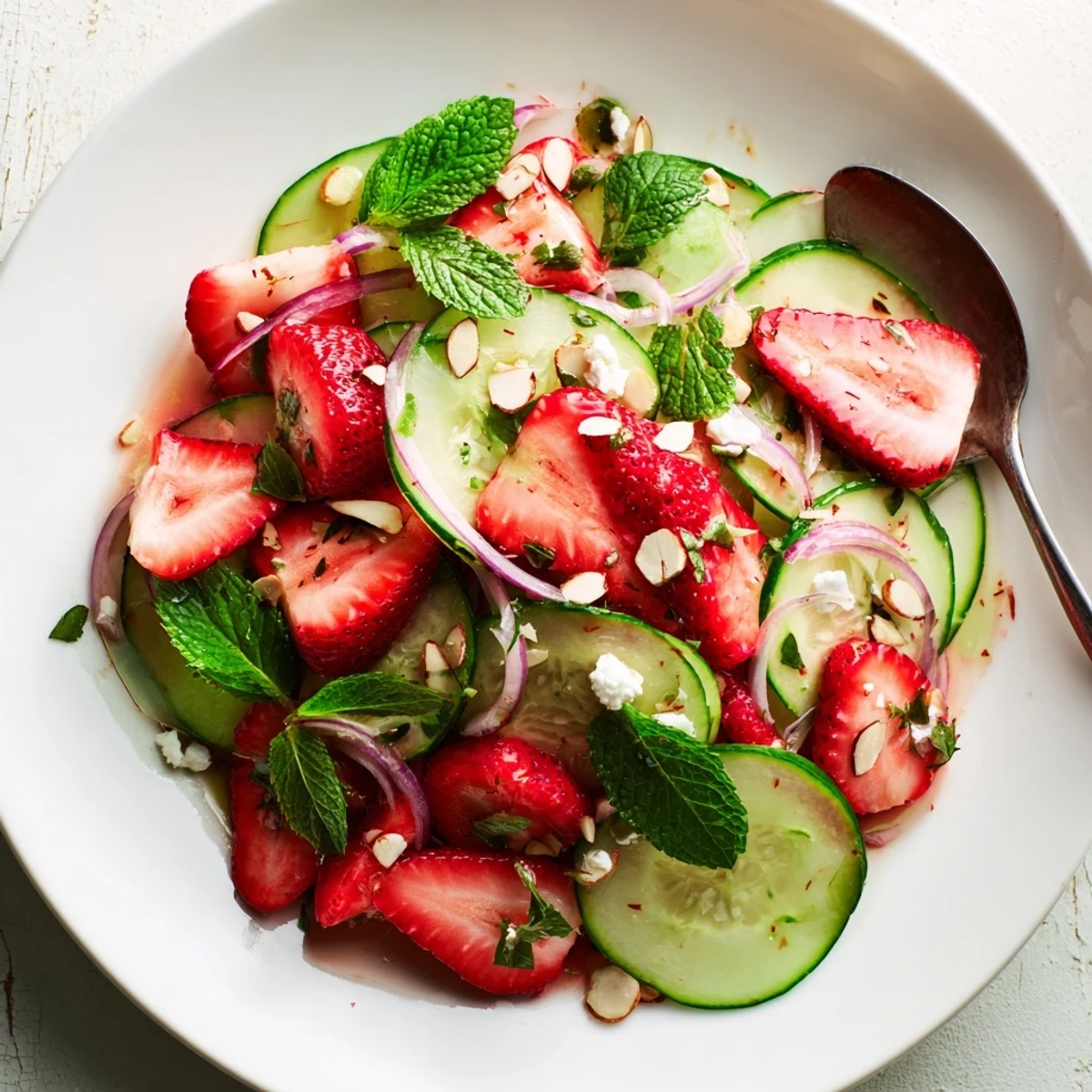Cucumber Strawberry Salad with bright mint and tangy dressing, chilled for serving