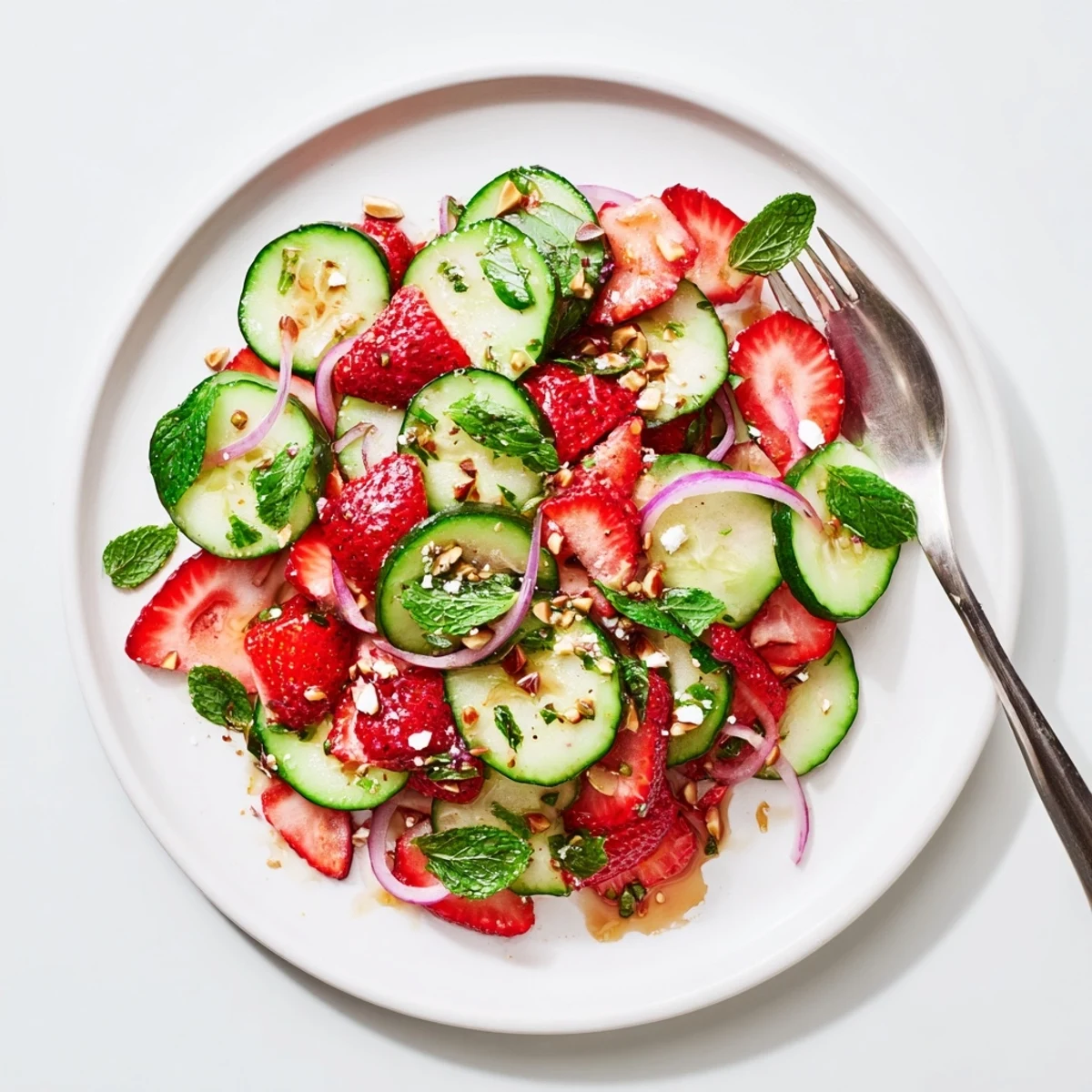 Summer Cucumber Strawberry Salad piled in bowl, juicy berries and cucumber slices