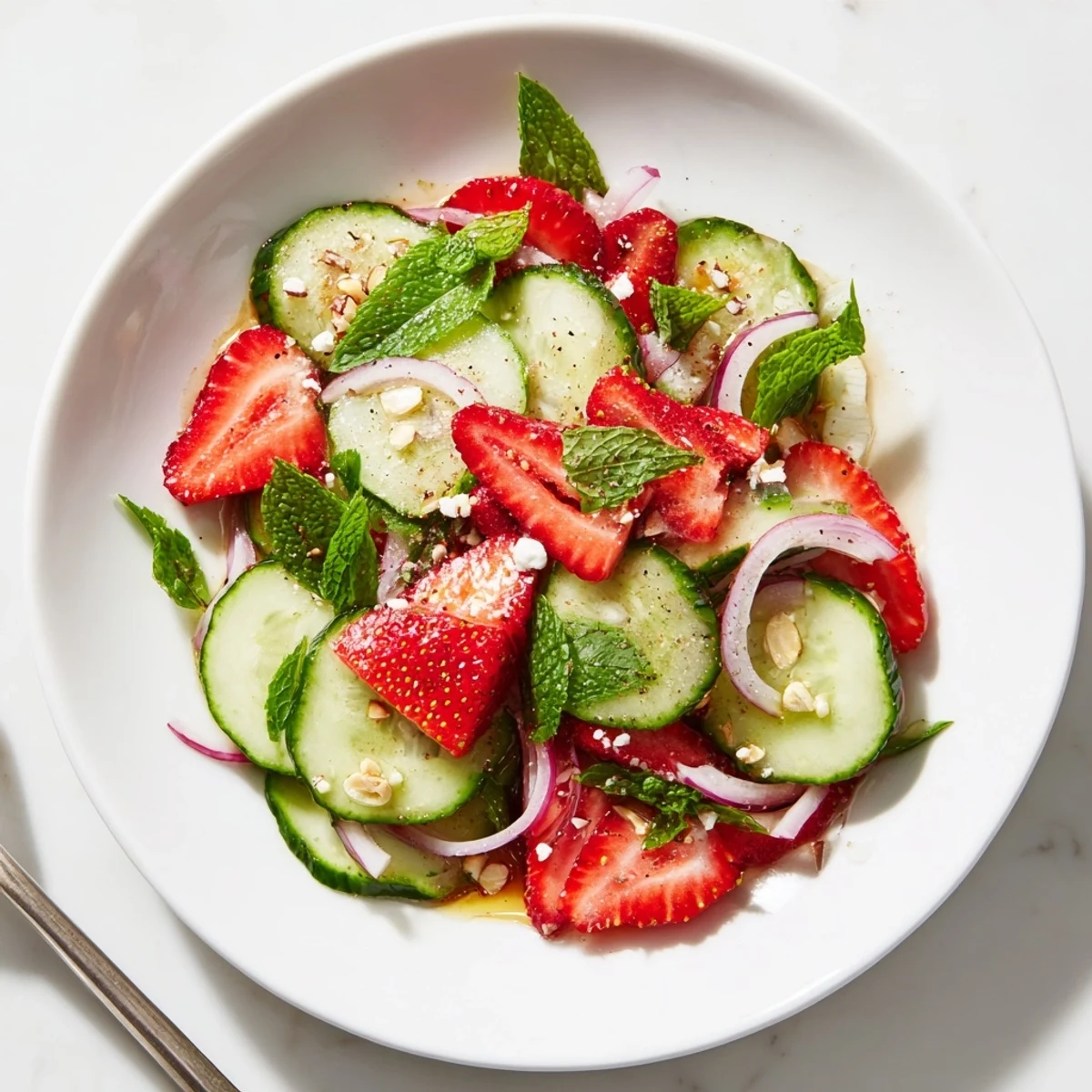 Cucumber Strawberry Salad tossed with honey-balsamic dressing, topped with crumbled feta
