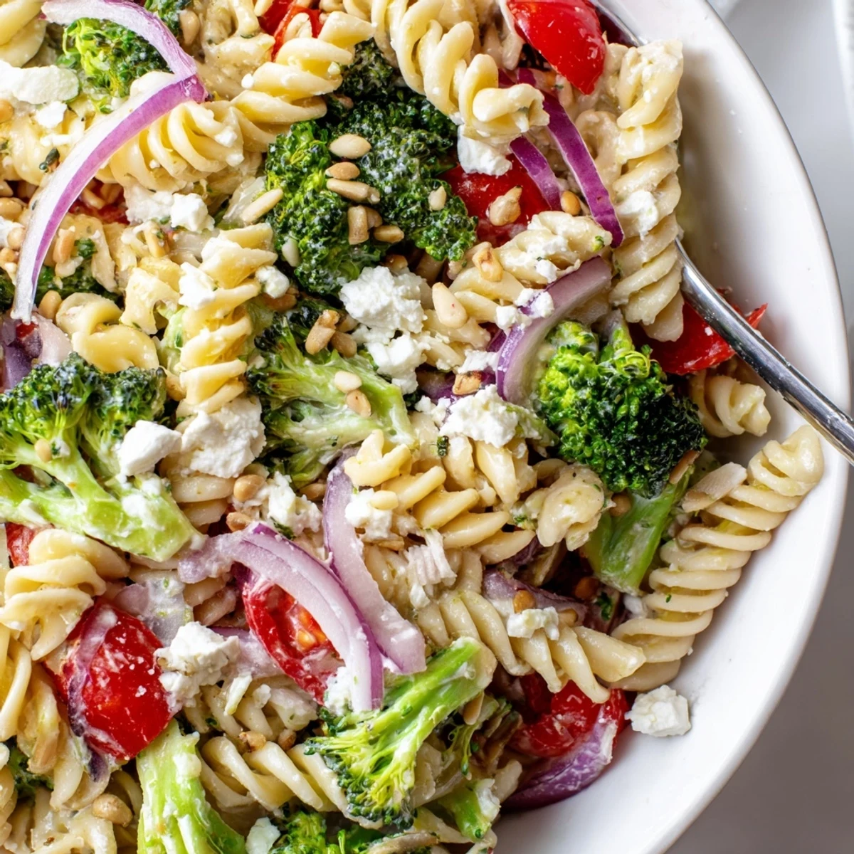 Broccoli Pasta Salad with blanched florets, al dente pasta, and zesty dressing.