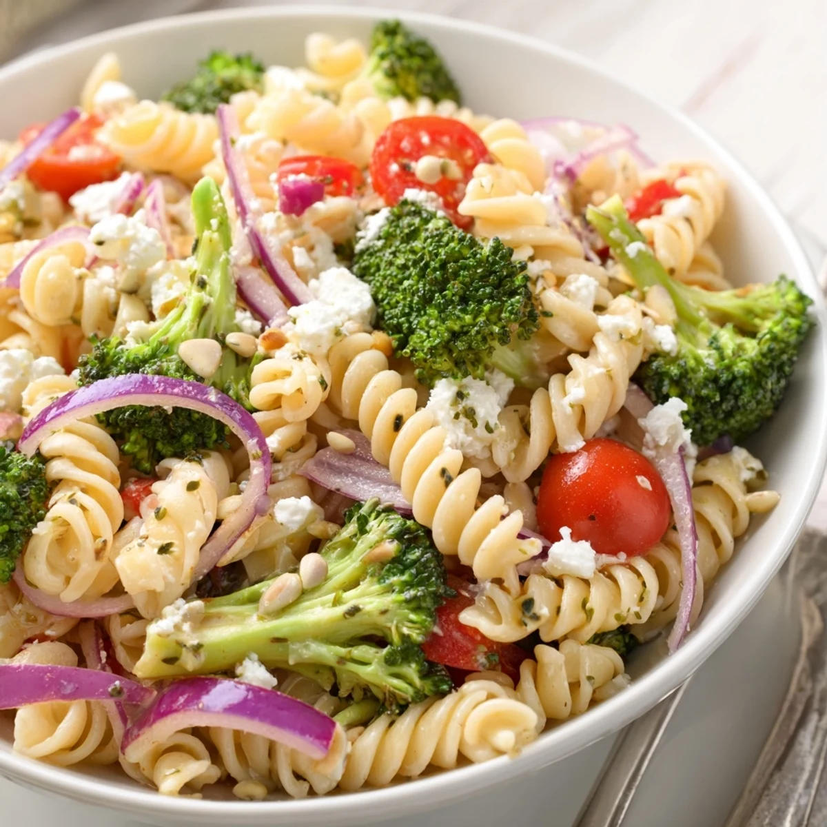 A chilled Broccoli Pasta Salad studded with cherry tomatoes and crumbled feta.