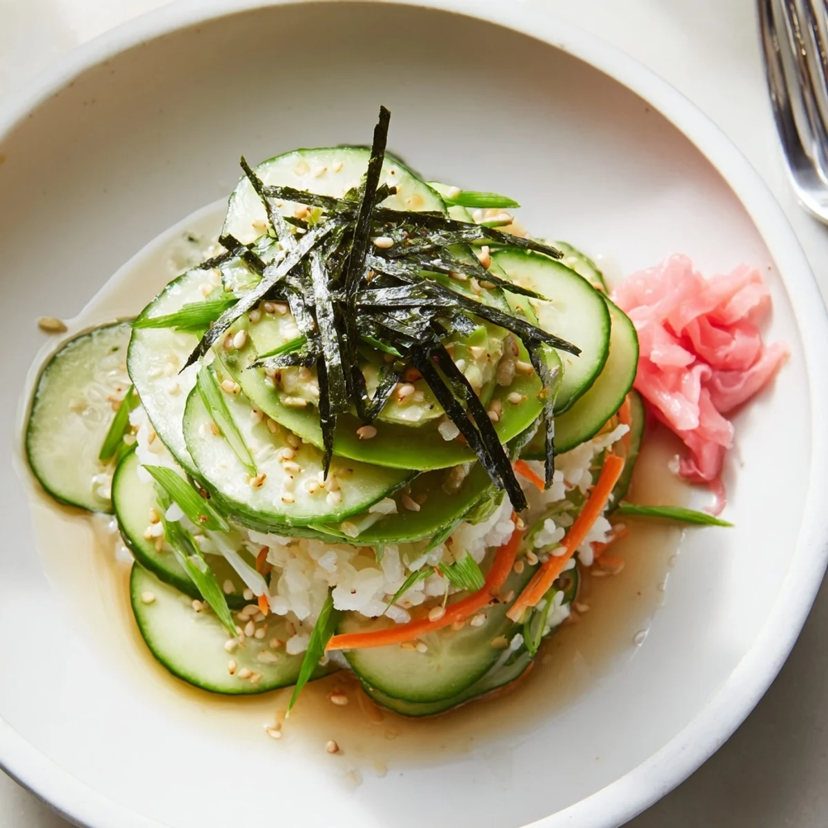 Sushi Cucumber Salad with glossy sesame dressing, crisp cucumbers and nori strips