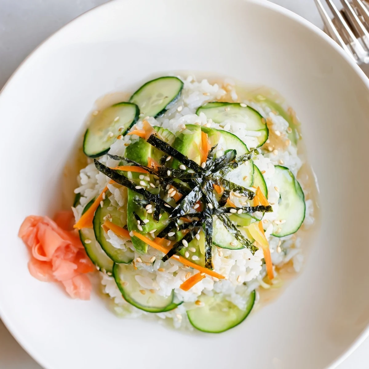 Bright Sushi Cucumber Salad served in bowls, tangy-sweet dressing and pickled ginger
