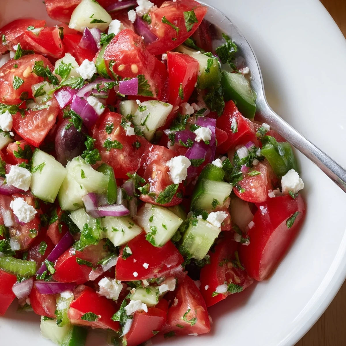Turkish Shepherds Salad with vibrant, juicy tomatoes, crisp cucumbers, and fresh parsley.