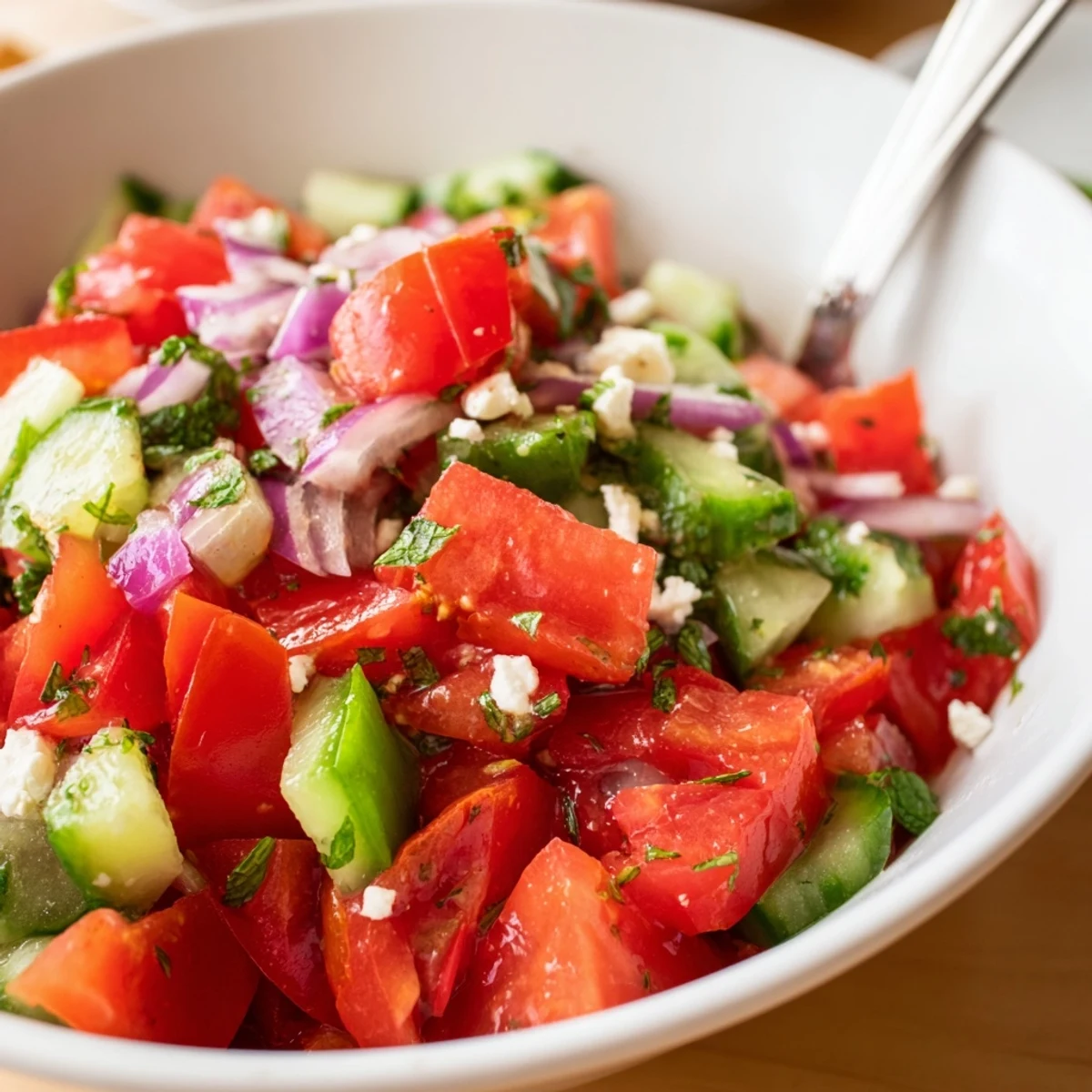 Bowl of Turkish Shepherds Salad drizzled with lemon-olive dressing, perfect beside grilled meats.