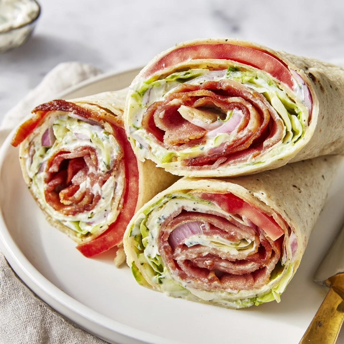 Meal Prep BLT Wraps with crispy bacon, juicy tomato, and creamy dressing.