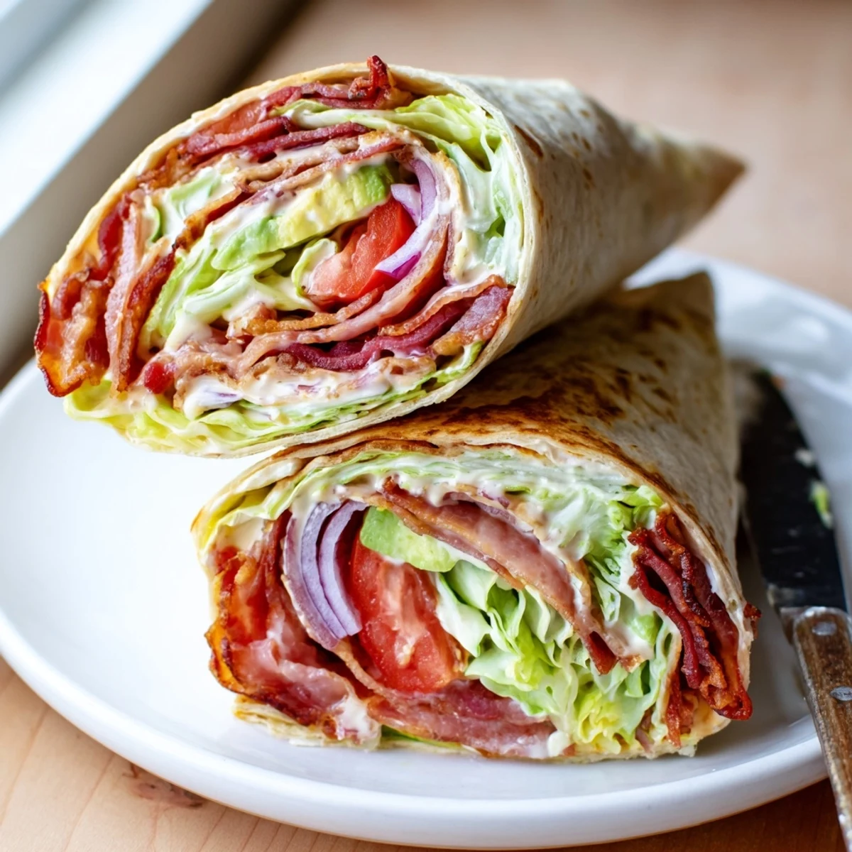 Stacked Meal Prep BLT Wraps sliced in half, served with fresh fruit.