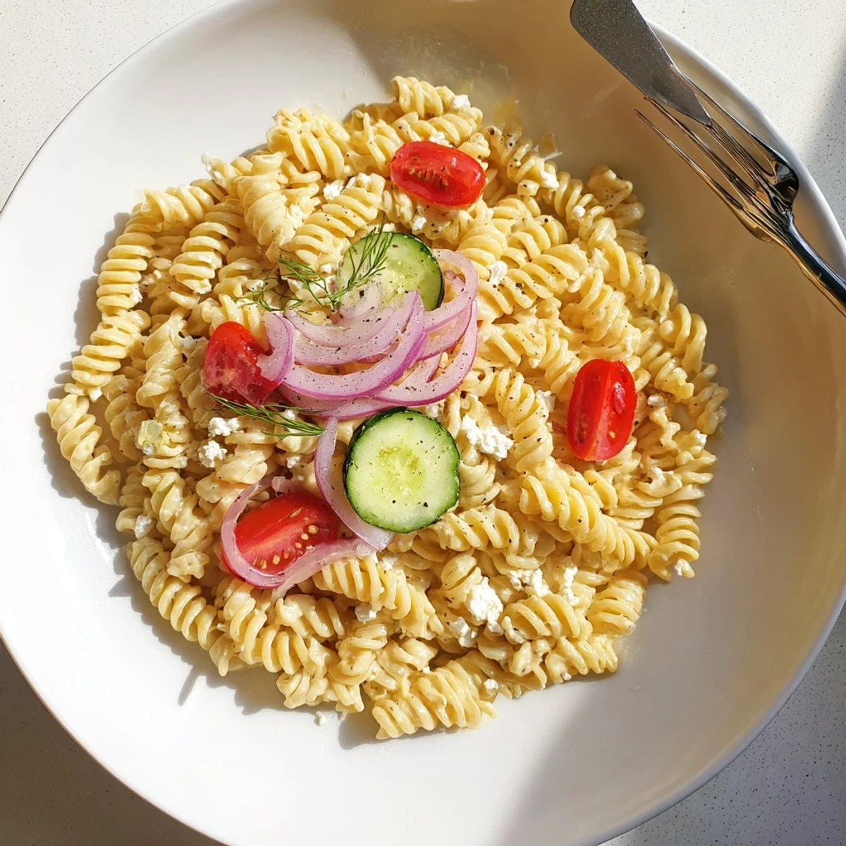 Cucumber Pasta Salad with tender rotini, juicy cherry tomatoes, tangy dill dressing  