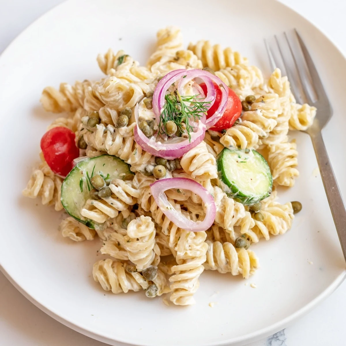Cucumber Pasta Salad chilled in bowl, creamy dressing, crisp cucumber ribbons  
