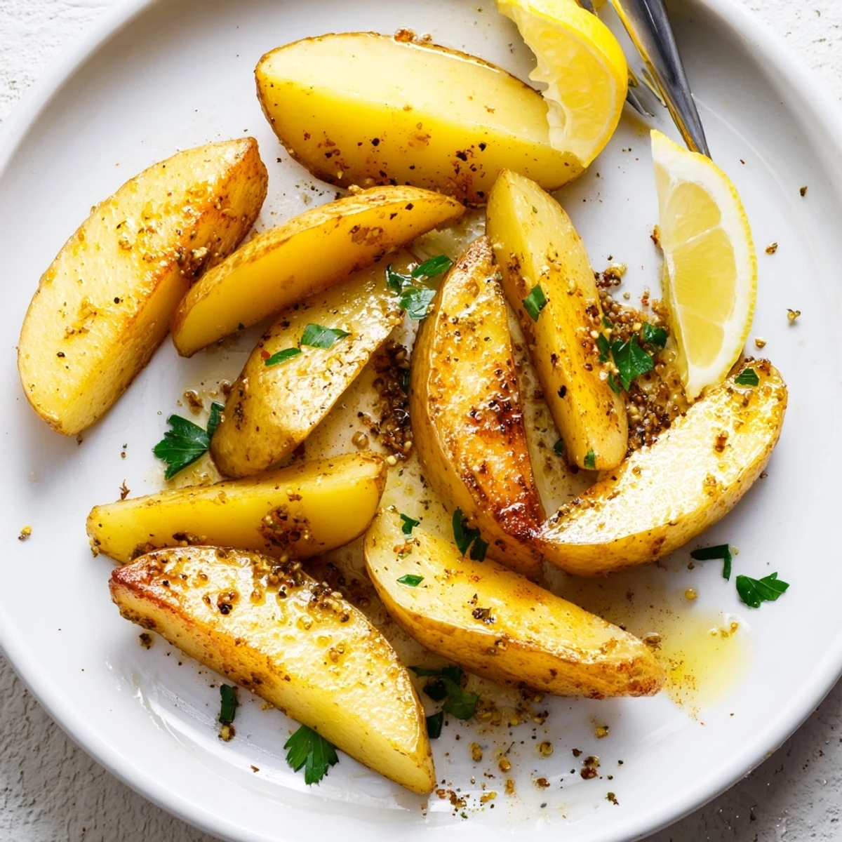 Roasted Authentic Greek Lemon Potatoes Recipe shown steaming, olive oil sheen, parsley garnish
