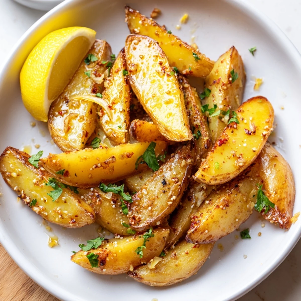 Family-style Authentic Greek Lemon Potatoes Recipe plated with tzatziki, warm, zesty, herb-scented