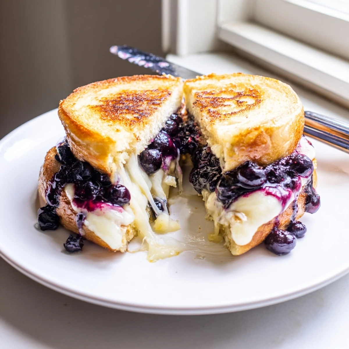Juicy Blueberry Grilled Cheese with golden crust, melting cheese, sweet berry filling