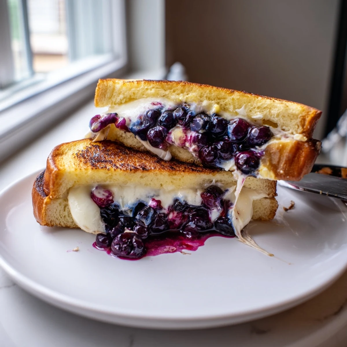 A skillet toasted Juicy Blueberry Grilled Cheese sliced, warm steam, creamy tang