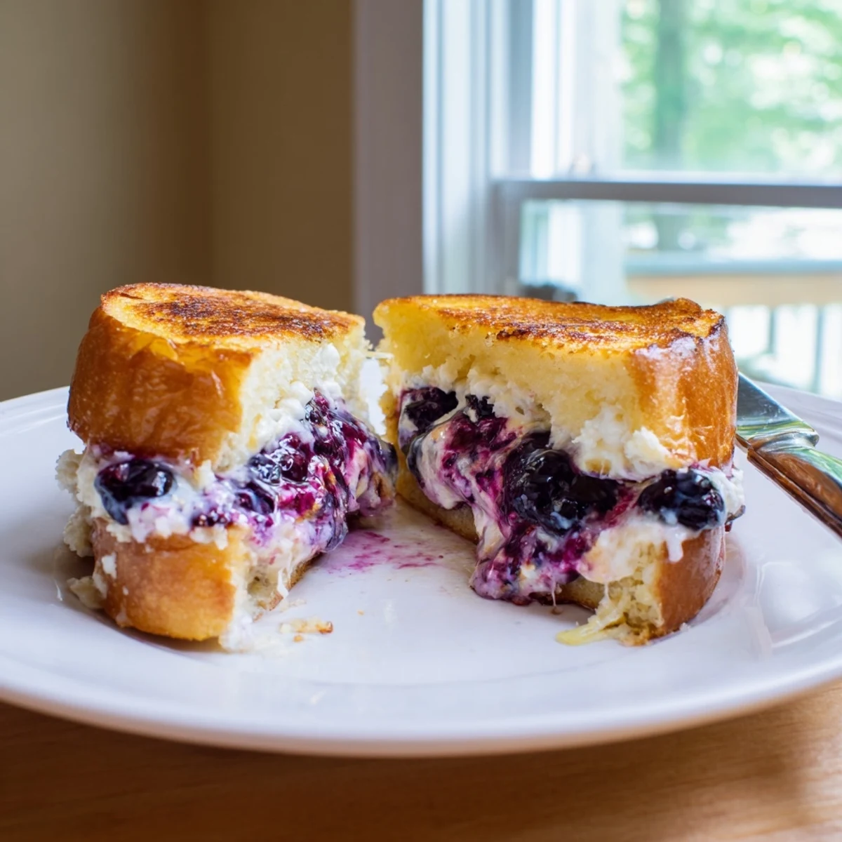 Close-up of Juicy Blueberry Grilled Cheese halves, buttery browned bread, burst berries
