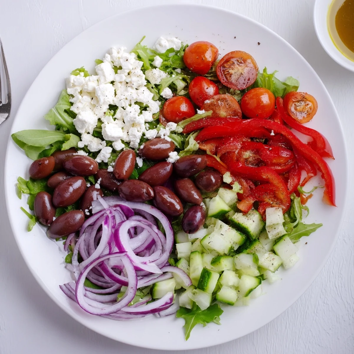 Easy Fresh Salad Recipe served immediately, crunchy bell pepper and red onion
