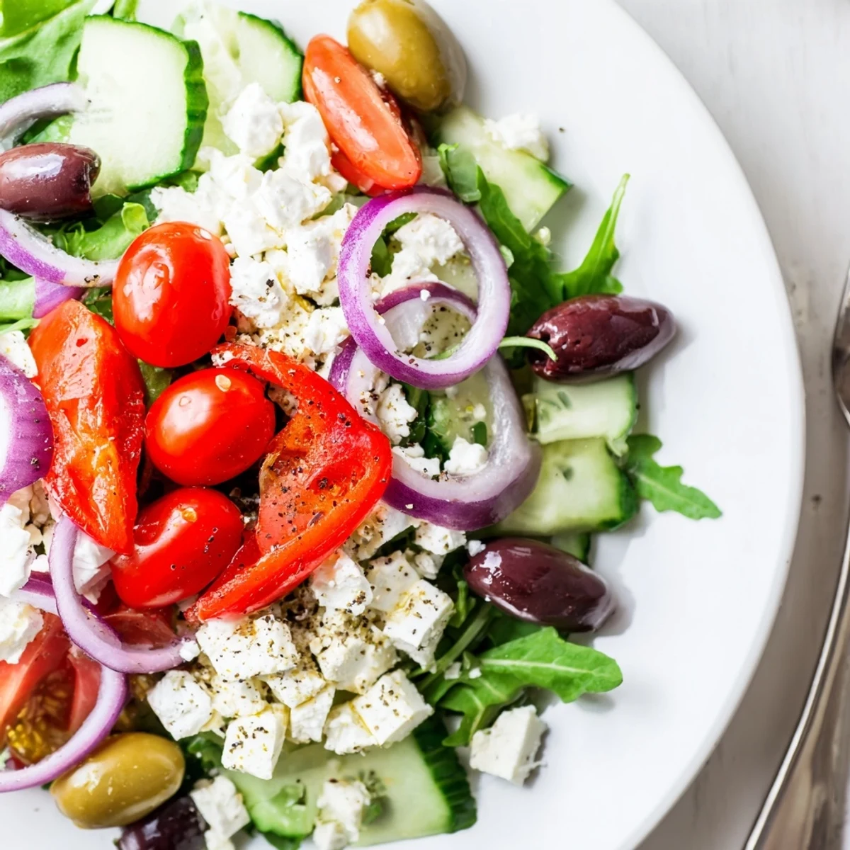 Fresh Salad Recipe in a bowl tossed with peppery arugula, crumbled feta