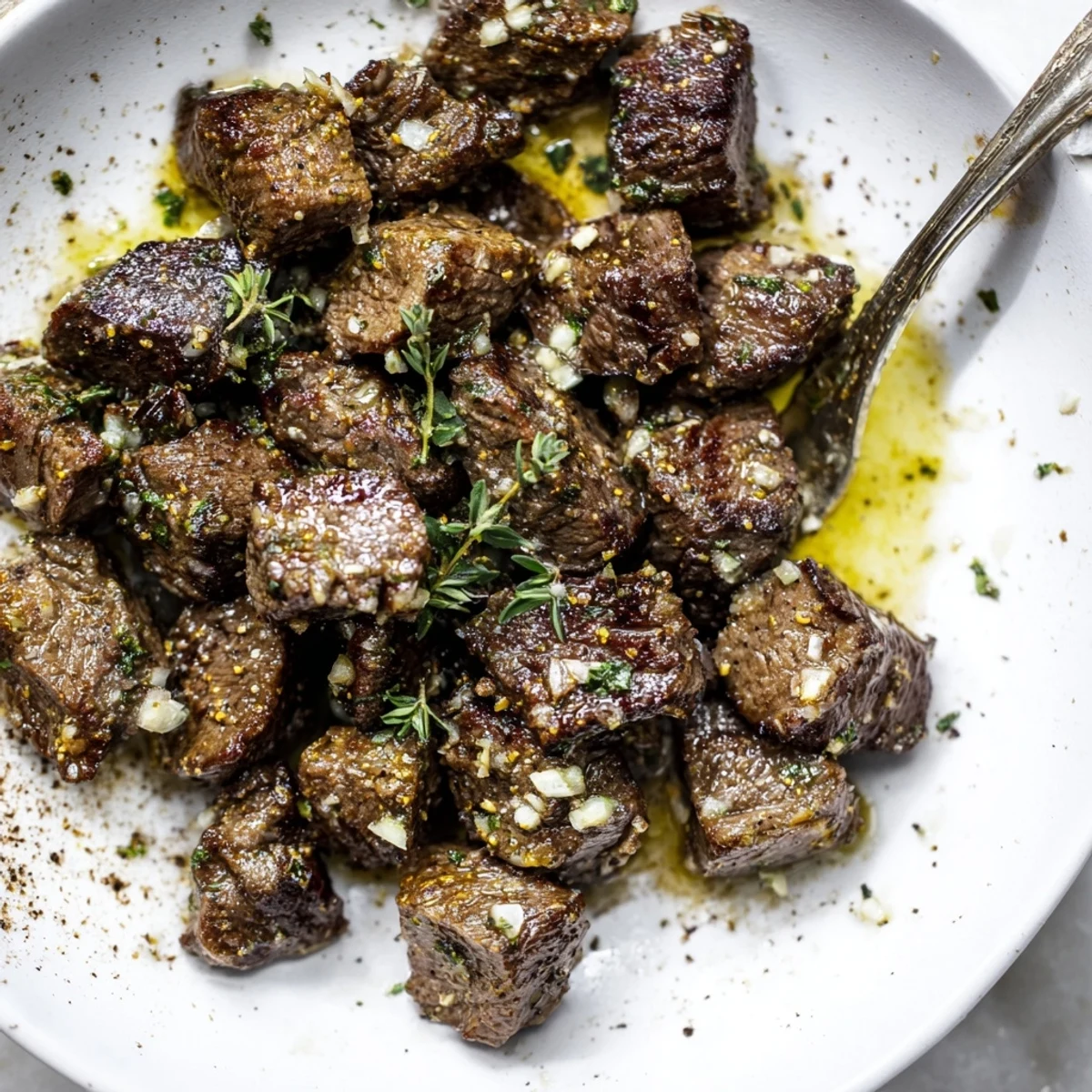 Sizzling pan of Garlic Butter Steak Bites with melted butter, fresh herbs